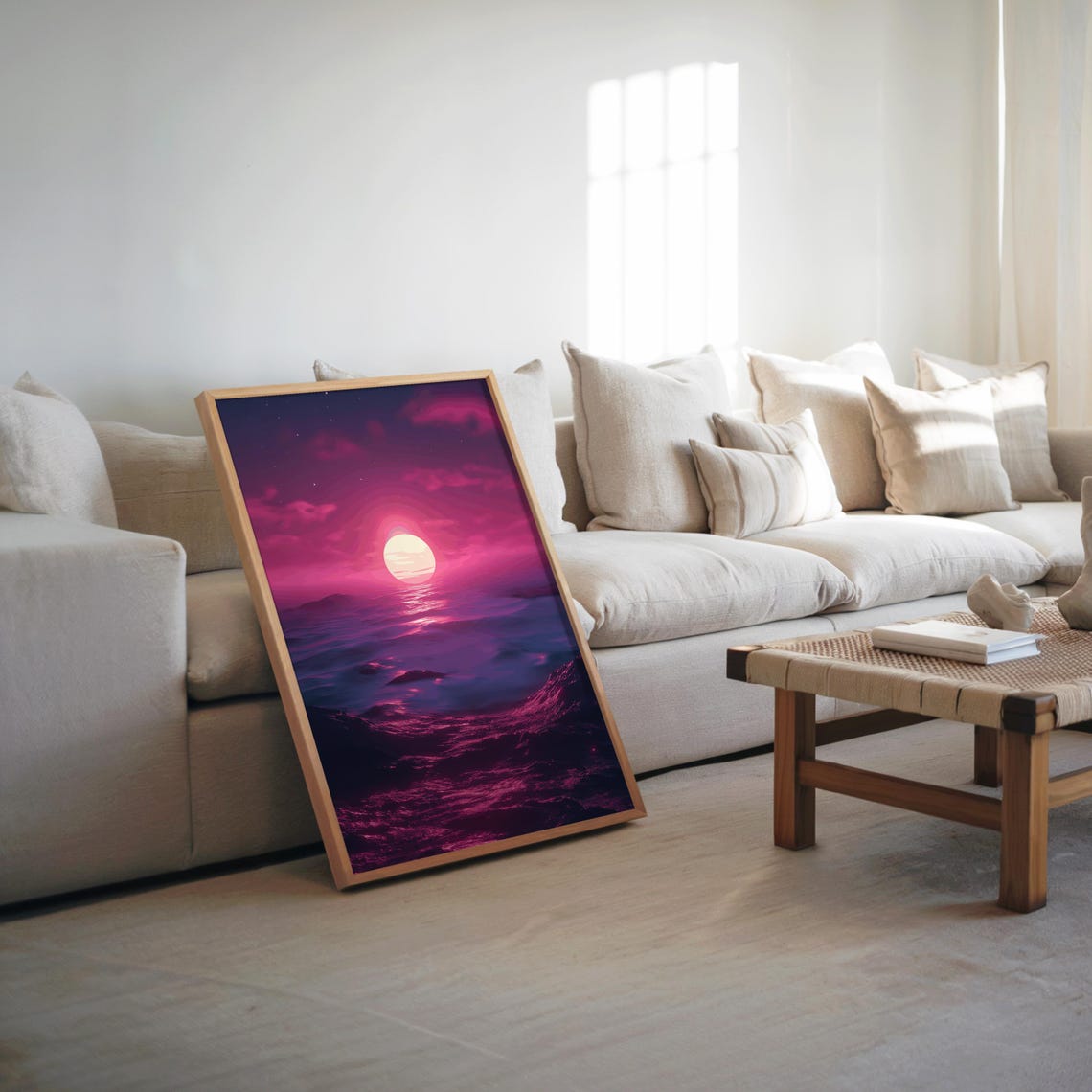 Pink Neon Sunset Ocean Waves Moonlight Synthwave Vaporwave Wall Art