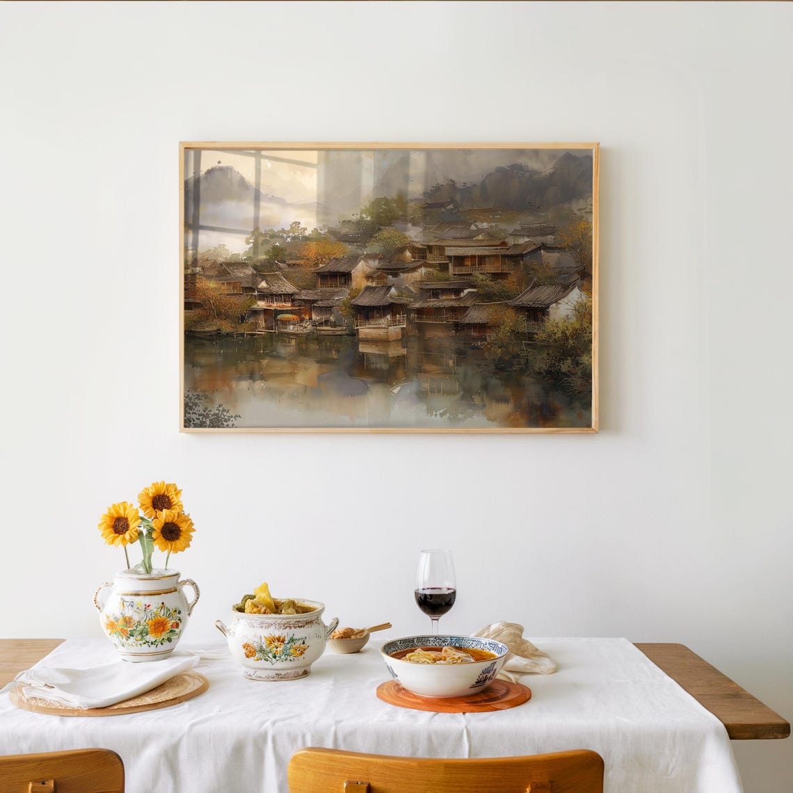 Asian Riverside Village Misty Mountains Watercolor Art Poster