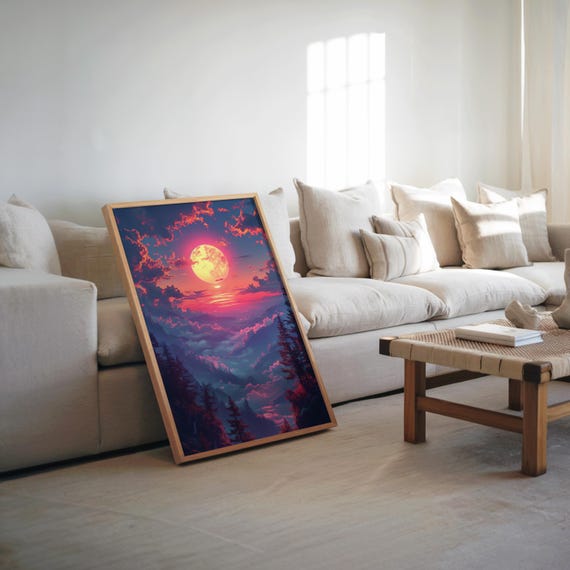 Psychedelic Vaporwave Sunset Dreamy Mountain Art Vibrant Colors Airbrush Oil Painting Detailed Artwork Wall Poster Surre