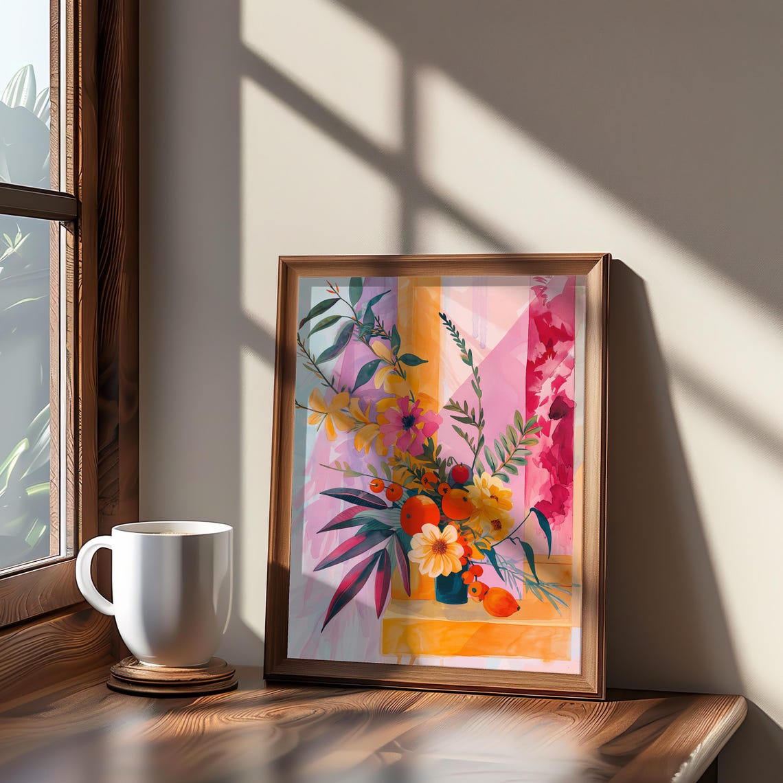 Vibrant Flower Vase Windowsill Maximalist Gouache Colorful Art Poster