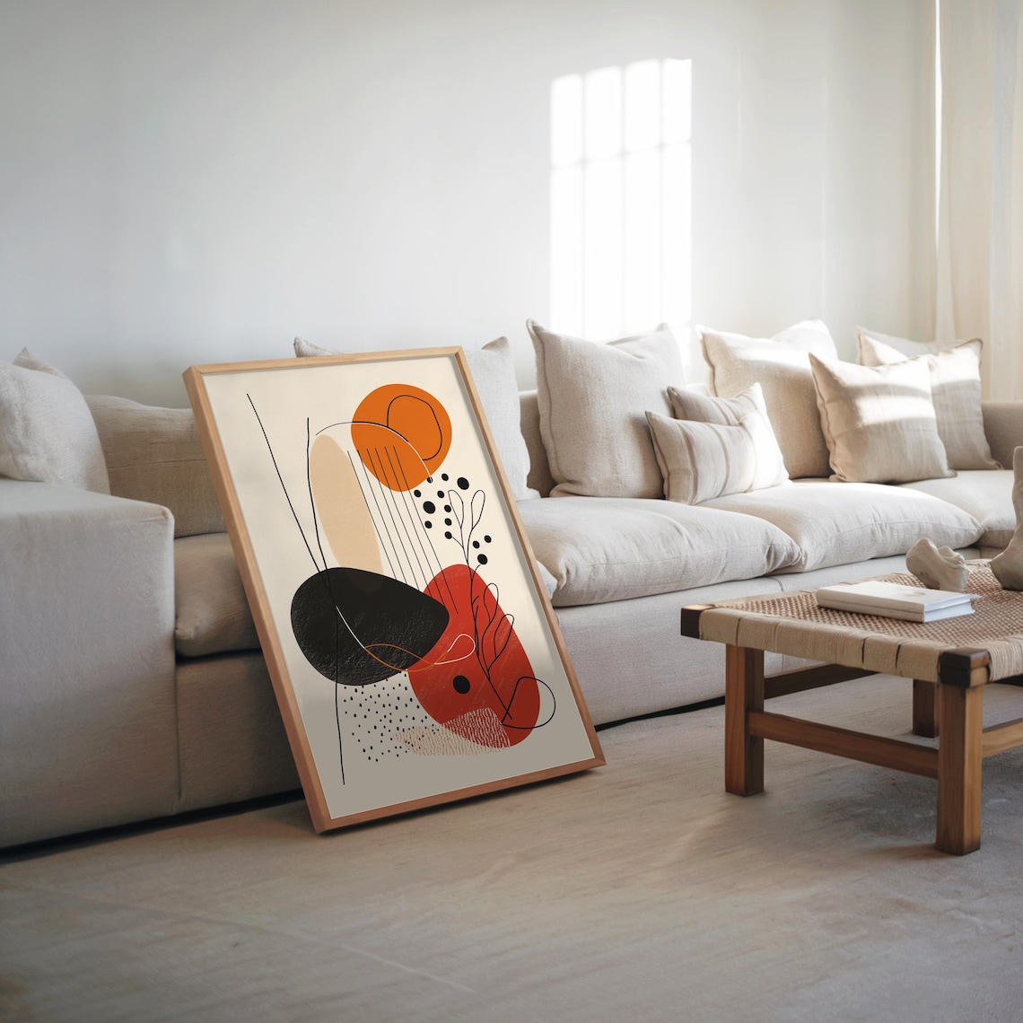 Midcentury Modern Abstract Poster Black Orange White Colors Vector Art Gouache Style Warm Tones Retro Design