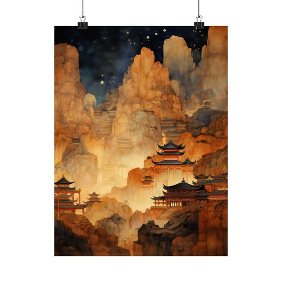 Maximalist Modernism Mountain Pagoda Poster Warm Tones Dreamy Watercolor Gouache Art Highly Detailed Decor Wall