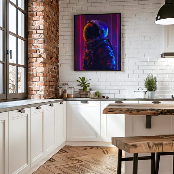 Neon Synthwave Space Suit Retrofuturism Art Galactic Illustration Bright Futuristic Astronaut Scifi Wall Decor