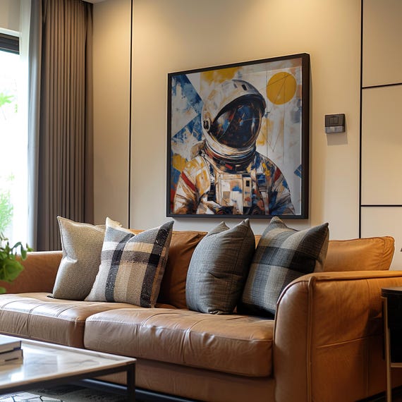 Retrofuturism Astronaut Camera Maximalist Space Art Poster Acrylic Oil Painting Muted Monochrome Colors Vintage