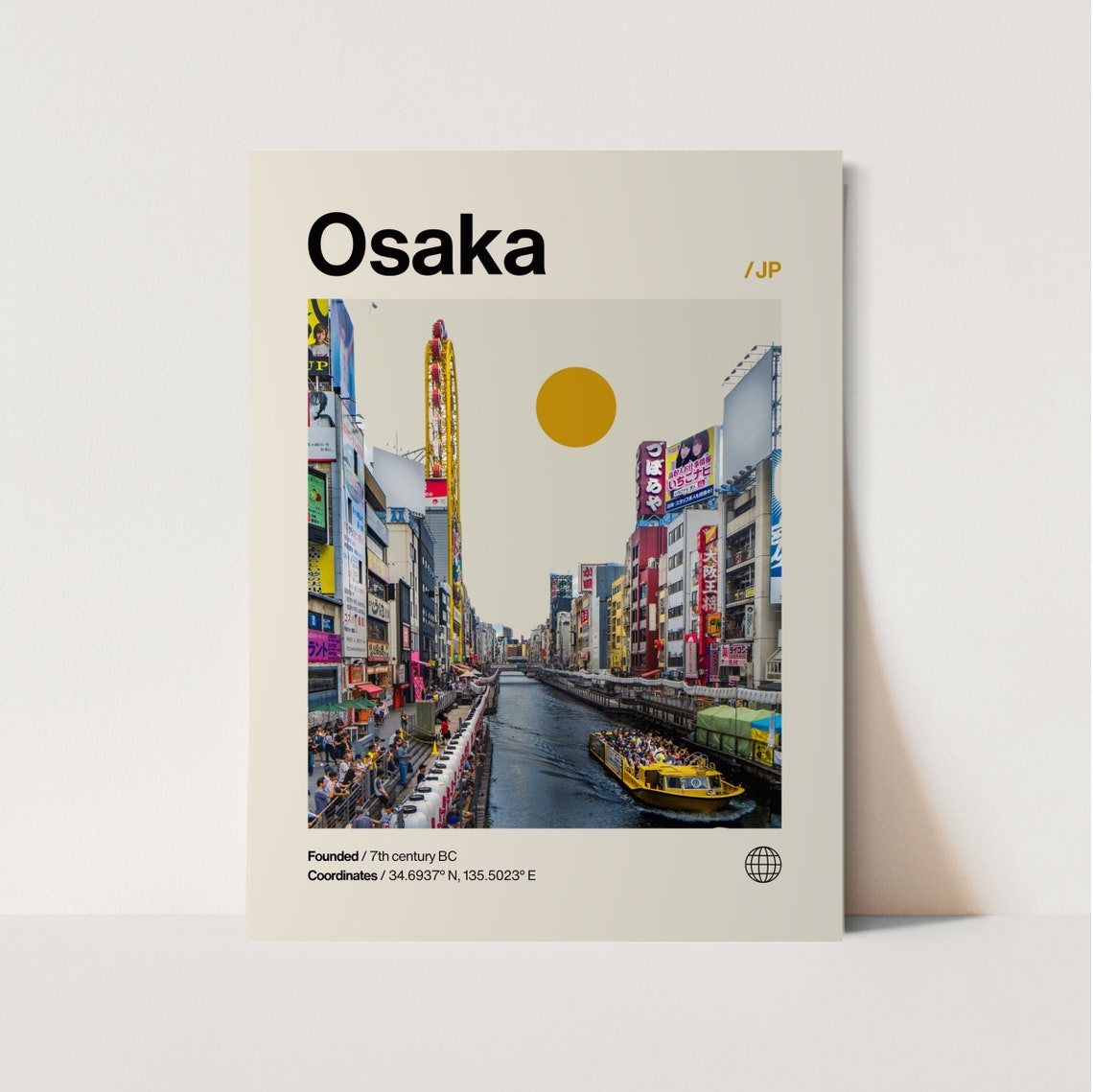 Osaka Japan Dotonbori Canal Neon Signs Mid Century Travel Poster