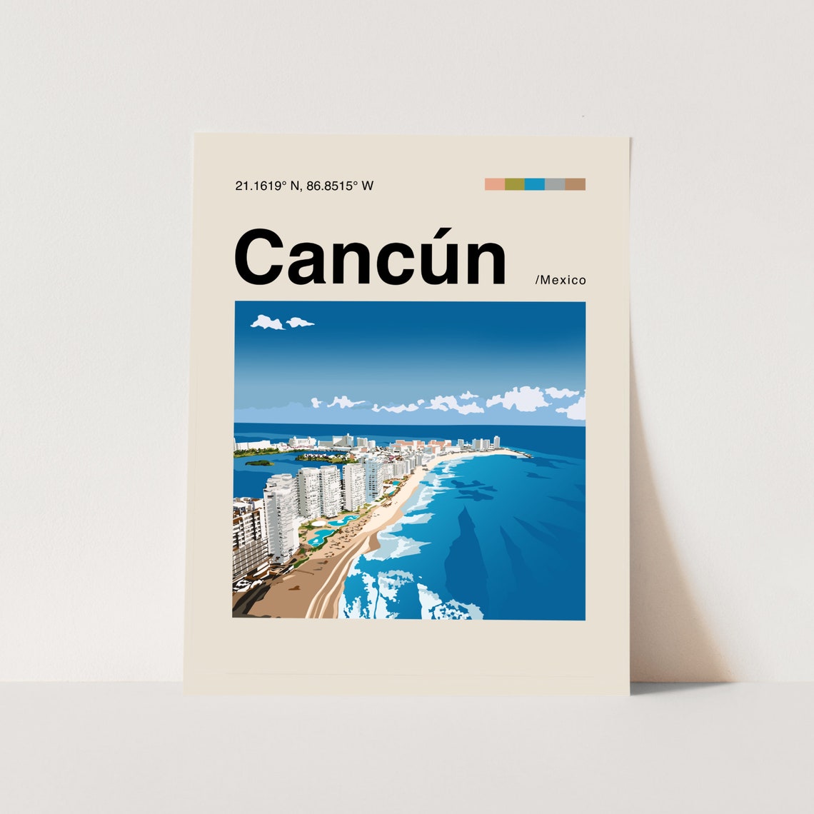 Cancun Mexico Caribbean Beach Aerial Minimalist Travel Poster