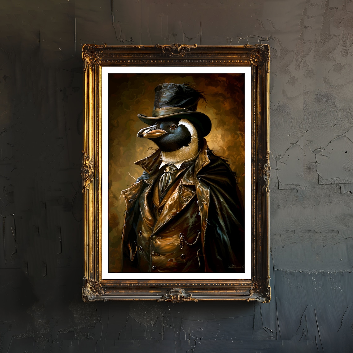 Victorian Penguin Detective In Top Hat Gothic Oil Portrait Poster