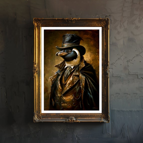 Gothic Victorian Penguin Detective Art Print Poster Wall Decor Mysterious Avian Sleuth Illustration For Mystery Lovers
