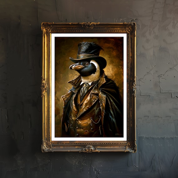 Victorian Penguin Detective In Top Hat Gothic Oil Portrait Poster