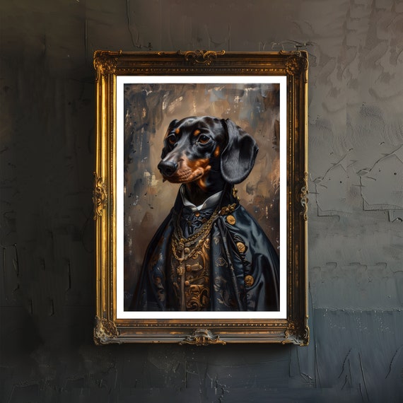 Victorian Vampire Dachshund Print Dark Academia Art Gothic Home Decor Antique Dog Portrait Era Poster Rustic Vintage Wall