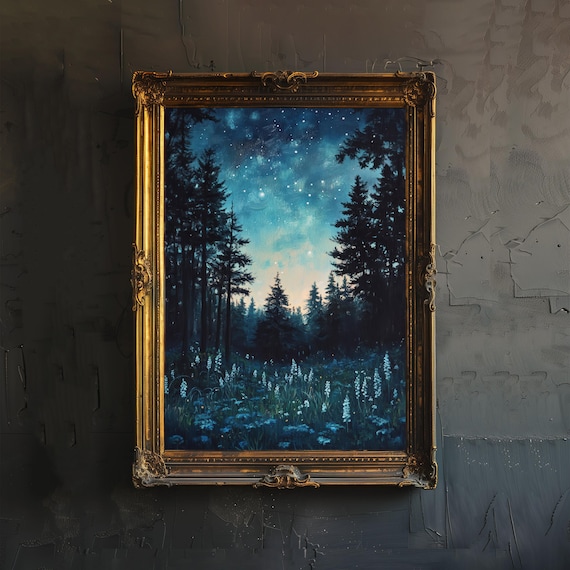 Starlit Night Over Pine Forest Meadow Glowing Wildflowers Art Poster