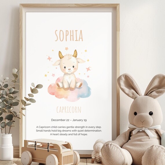 Custom Capricorn Baby Name Poster Dec 22 Jan 19 Personalized Zodiac Newborn Print Cute Astrology Nursery Wall Art