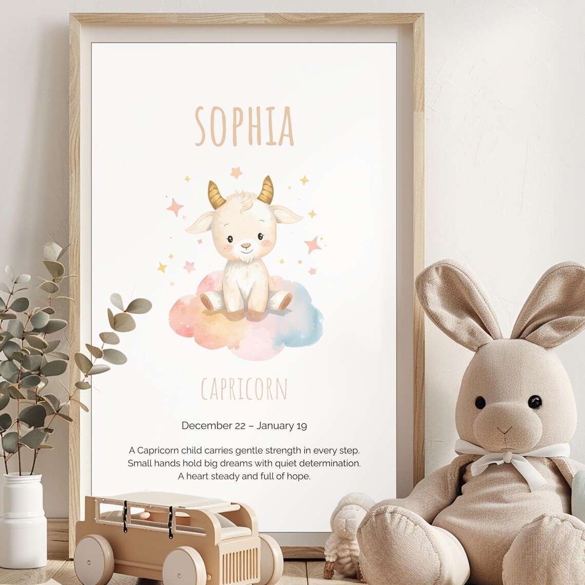Personalized Goat Capricorn Zodiac Nursery Name Sign Poster with Cute Kid