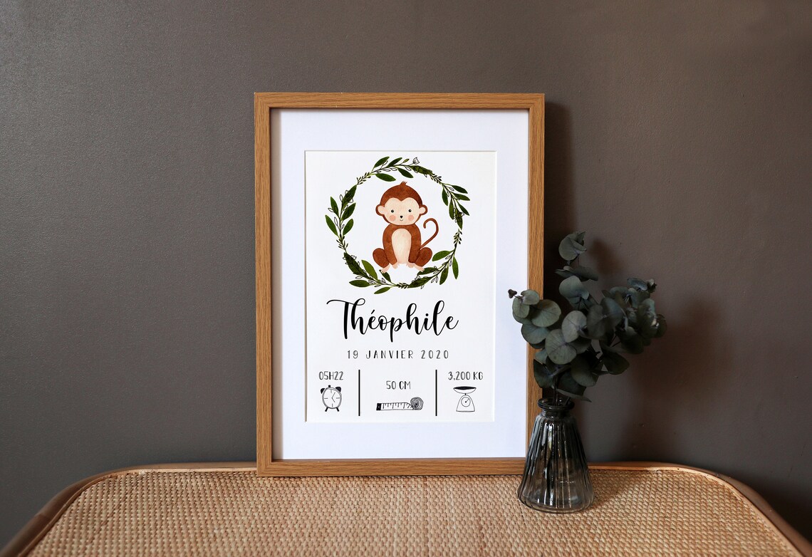 Personalized Birth Monkey Watercolor Art Print