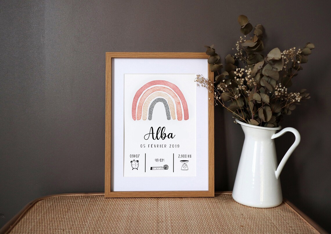 Personalized Birth Poster, Rainbow Watercolor Print