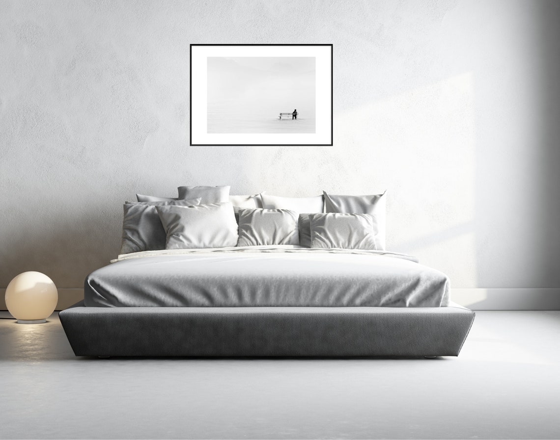 Lone Figure on Bench in Fog Minimalist Black White Photo Poster - Image 3