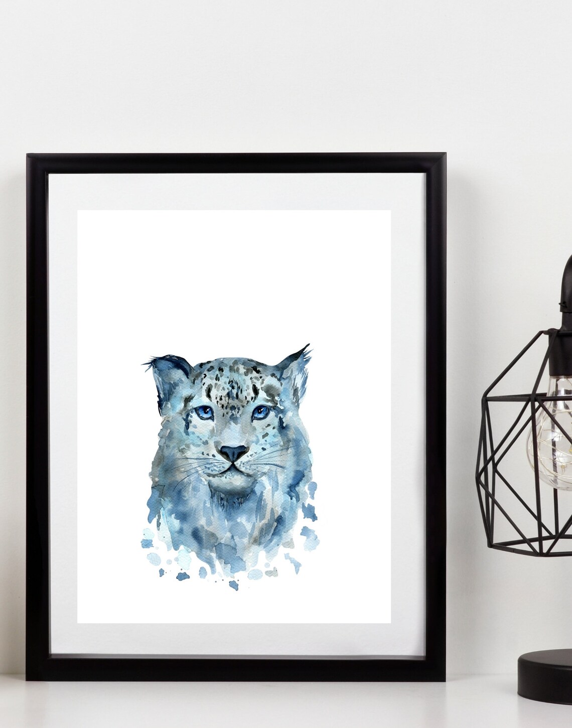 Blue Watercolor Snow Leopard Portrait Wild Cat Animal Art Poster - Image 2