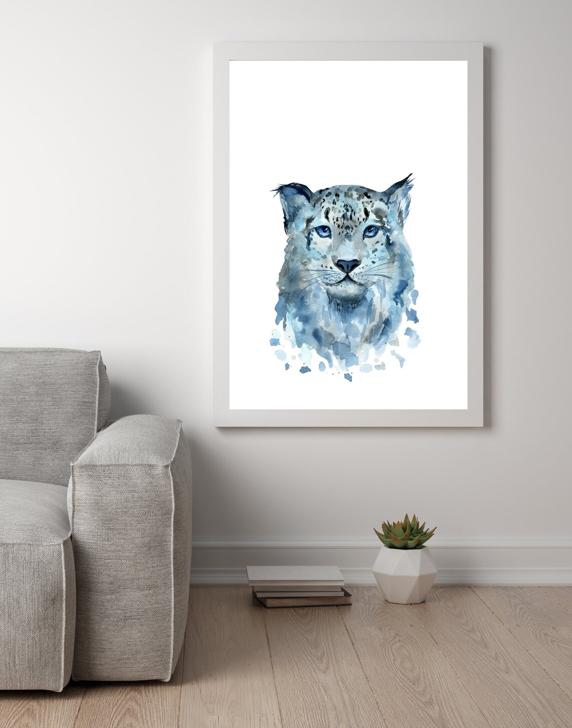 Blue Watercolor Snow Leopard Portrait Wild Cat Animal Art Poster - Image 3