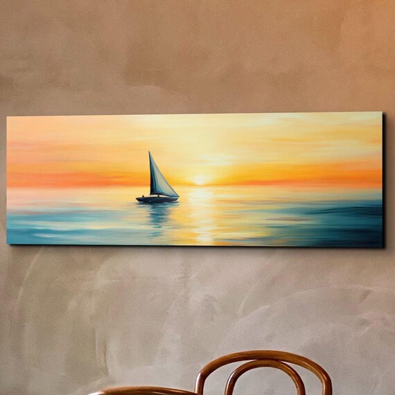 Lone Sailboat On Sunset Sea Orange Sky Panoramic Ocean Poster