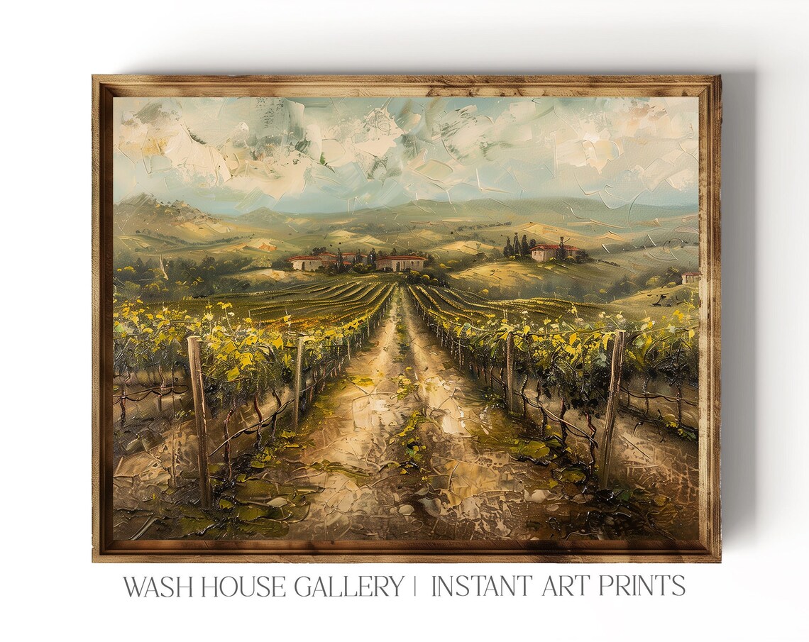 Tuscan Vineyard Rows Under Cloudy Sky Italian Countryside Wall Poster