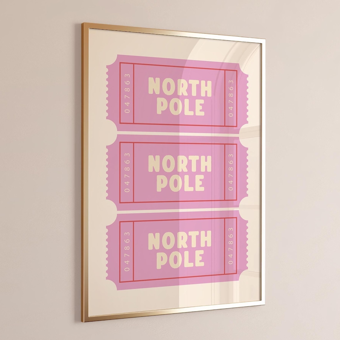 North Pole Ticket Pink Christmas Art Print