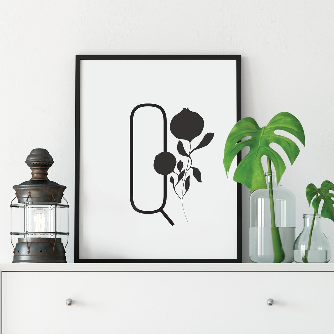 Letter Q Botanical Initial Wall Art with Black Branch Silhouette