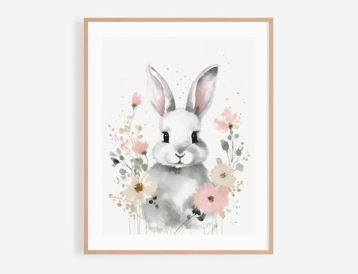 White Bunny Rabbit Watercolor Portrait With Pink Blossoms Poster