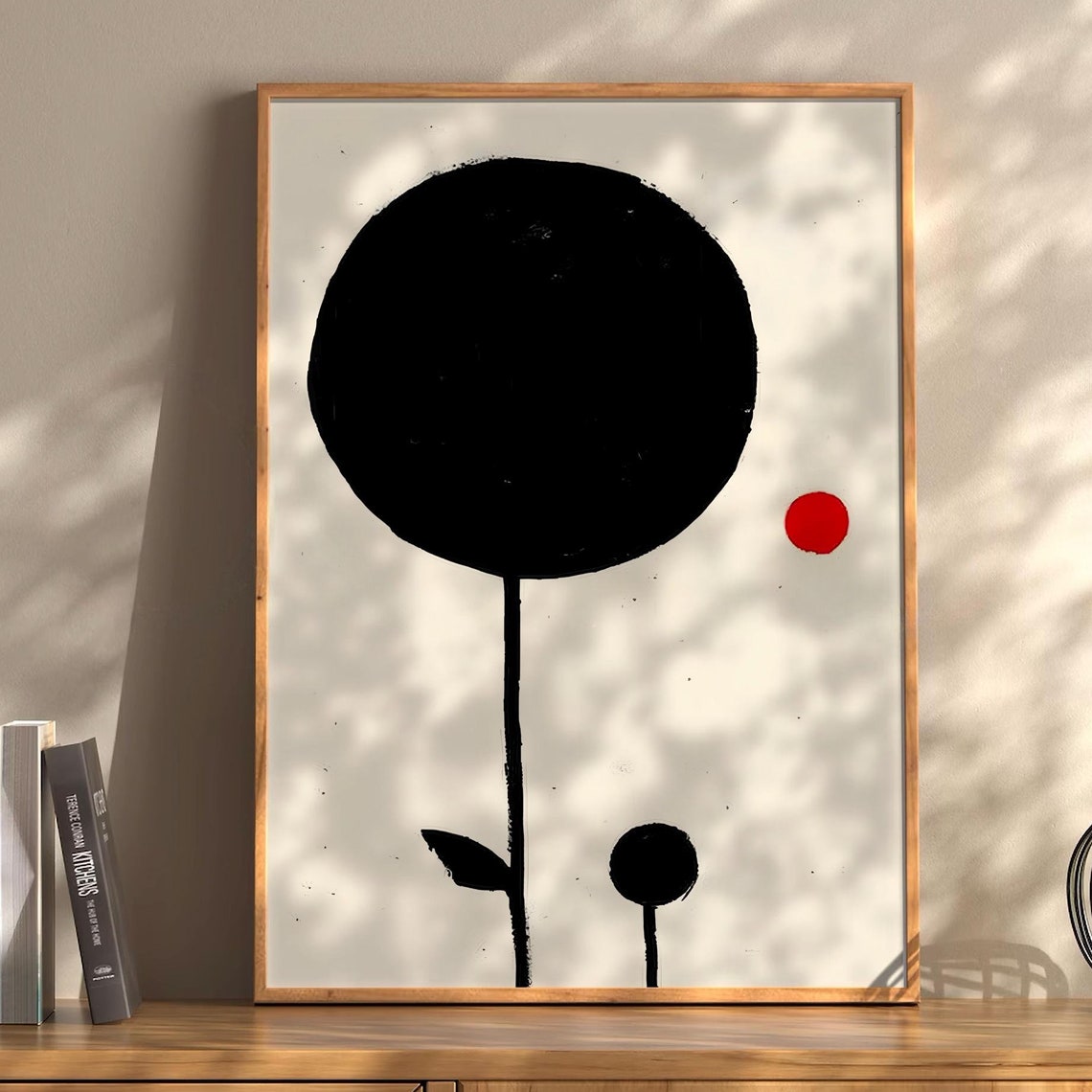 Bold Black Flower Red Dot Accent Minimalist Modern Art Poster