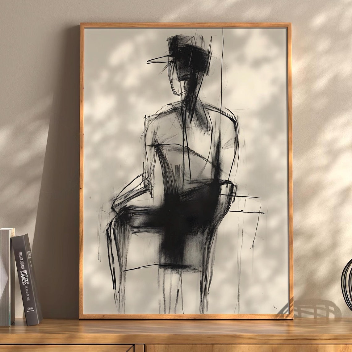 Seated Man Hat Charcoal Sketch Abstract Figure Drawing Poster