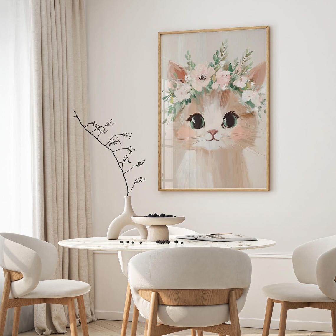 Cute Kitten Flower Crown Watercolor Poster Whimsical Nursery Decor - Image 3