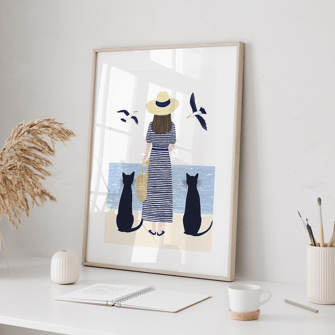 Woman With Two Black Cats On Beach Nautical Art Coastal Home Decor Poster - Image 2