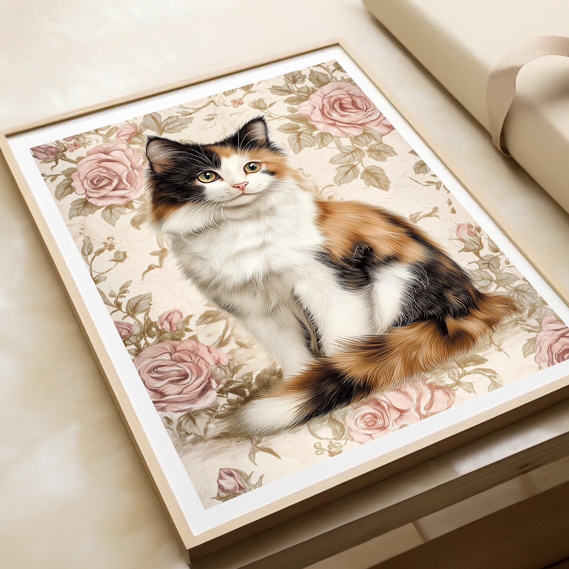 Calico Cat Front Sitting Roses Floral Vintage Portrait Nursery Wall Art - Image 4