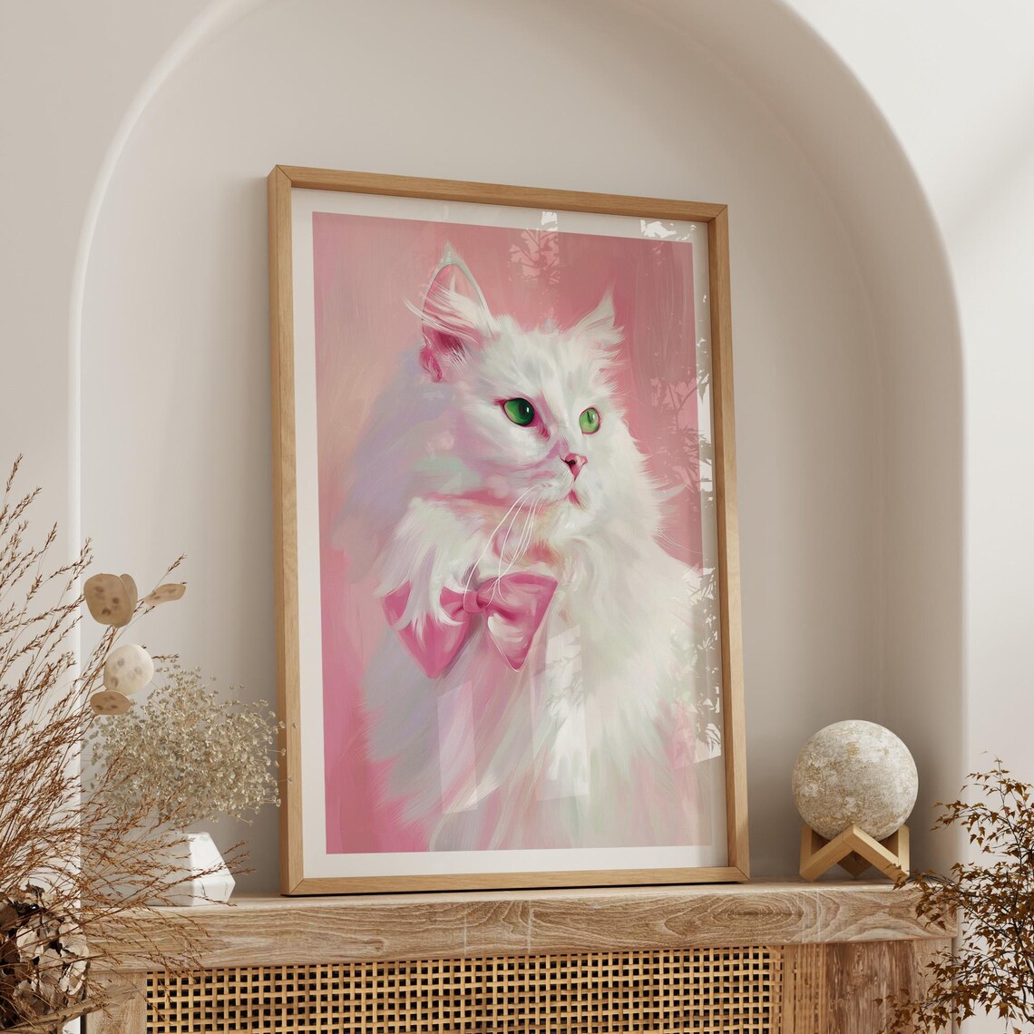 Elegant White Cat With Pink Bow Romantic Portrait Bedroom Wall Decor Poster - Image 4