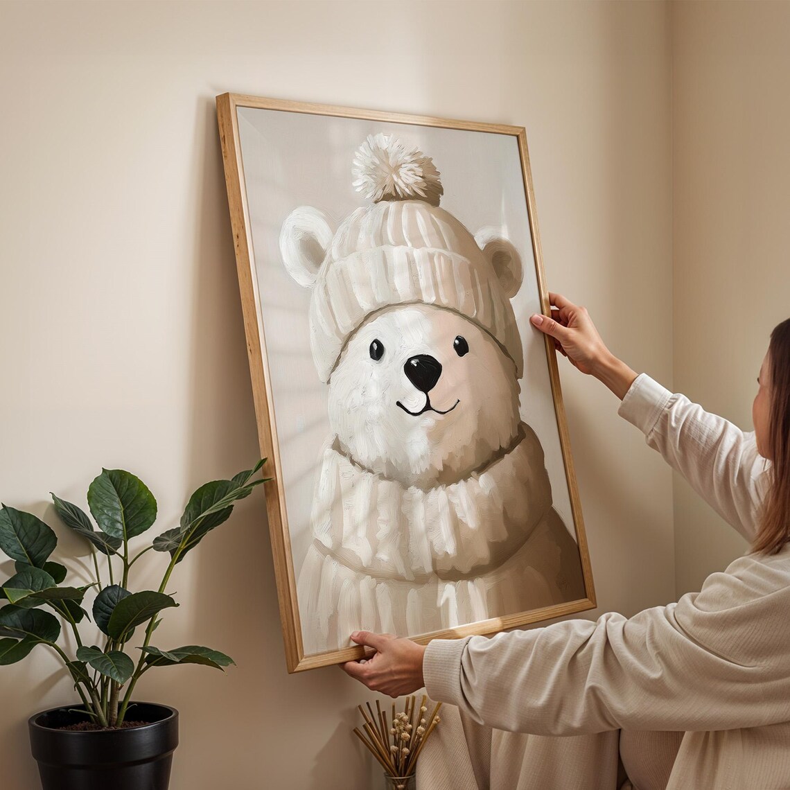 Cute Polar Bear In Cream Knit Hat Winter Animal Nursery Wall Decor Poster - Image 2