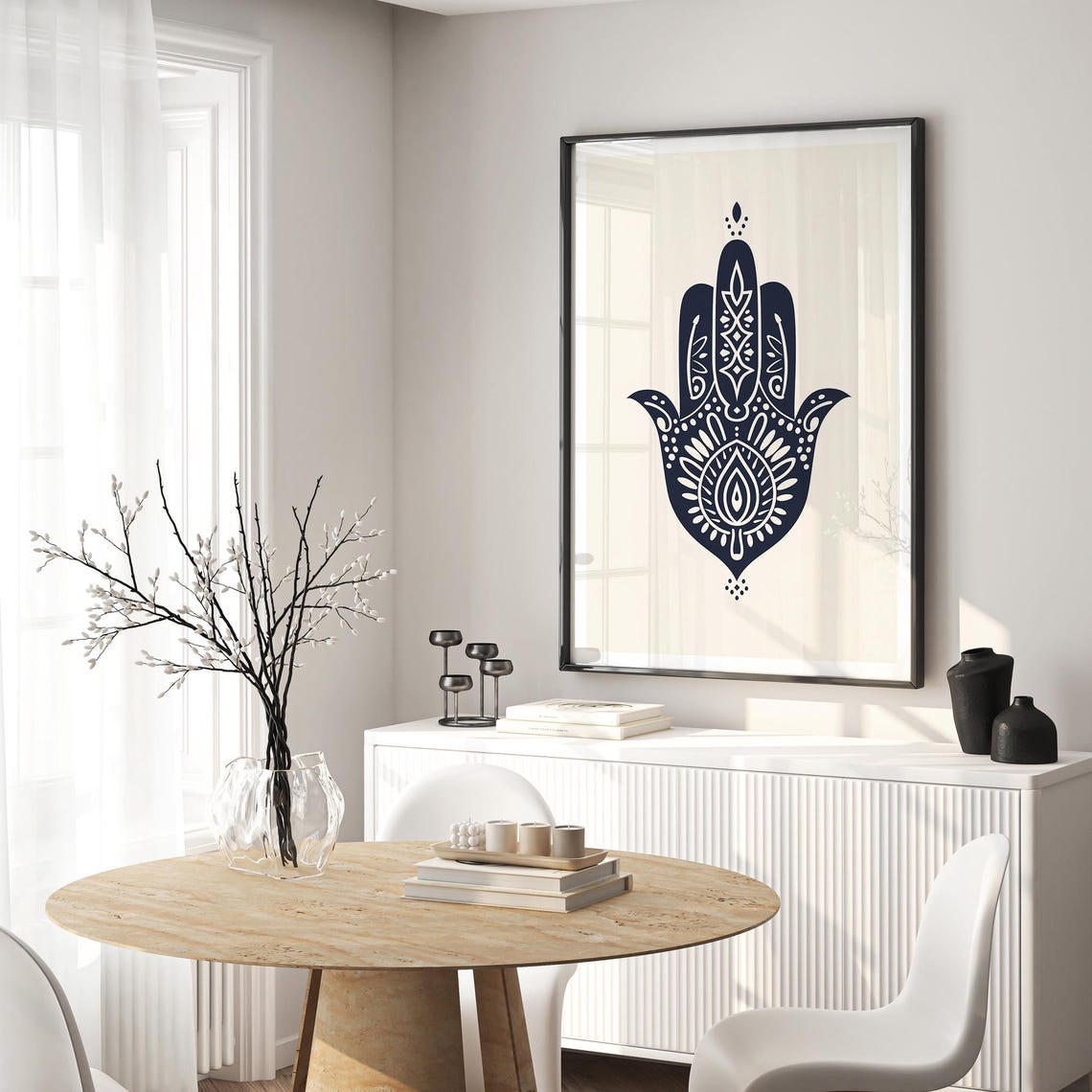 Hamsa Hand Mandala In Black And White Spiritual Amulet Poster - Image 3