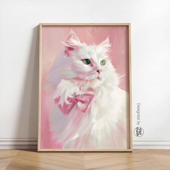 Elegant White Cat With Pink Bow Romantic Portrait Bedroom Wall Decor Poster