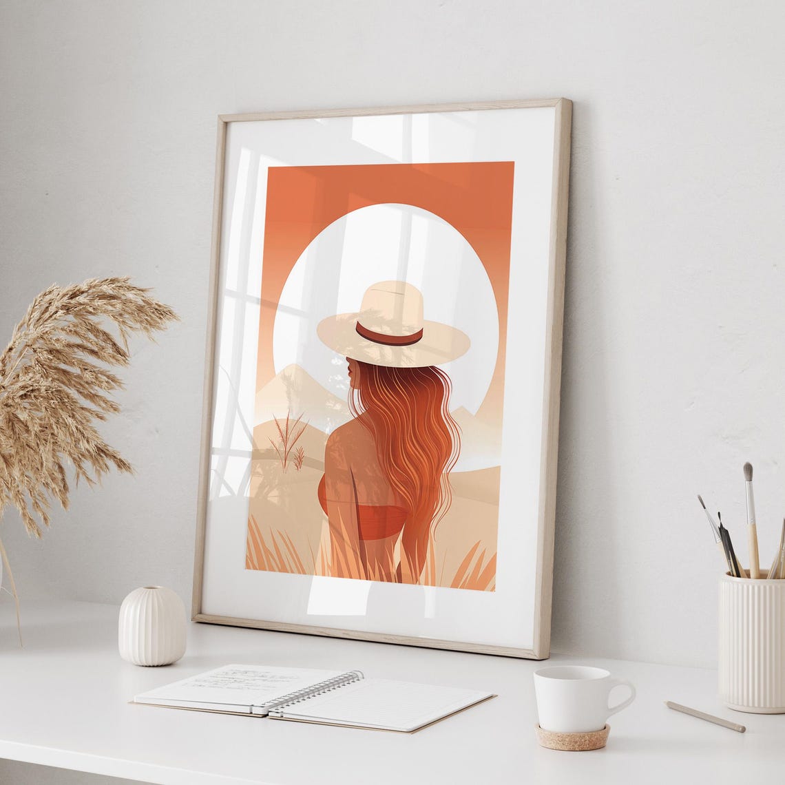 Desert Sunset Woman with Straw Hat Poster Warm Boho Travel Art - Image 2
