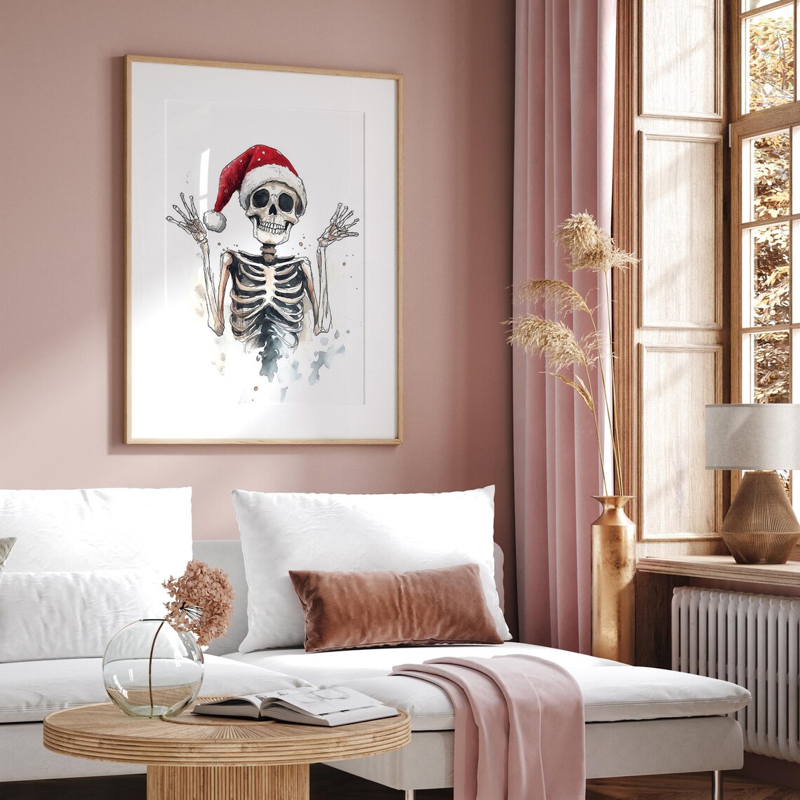 Funny Skeleton Wearing Santa Hat Watercolor Playful Christmas Wall Art - Image 4