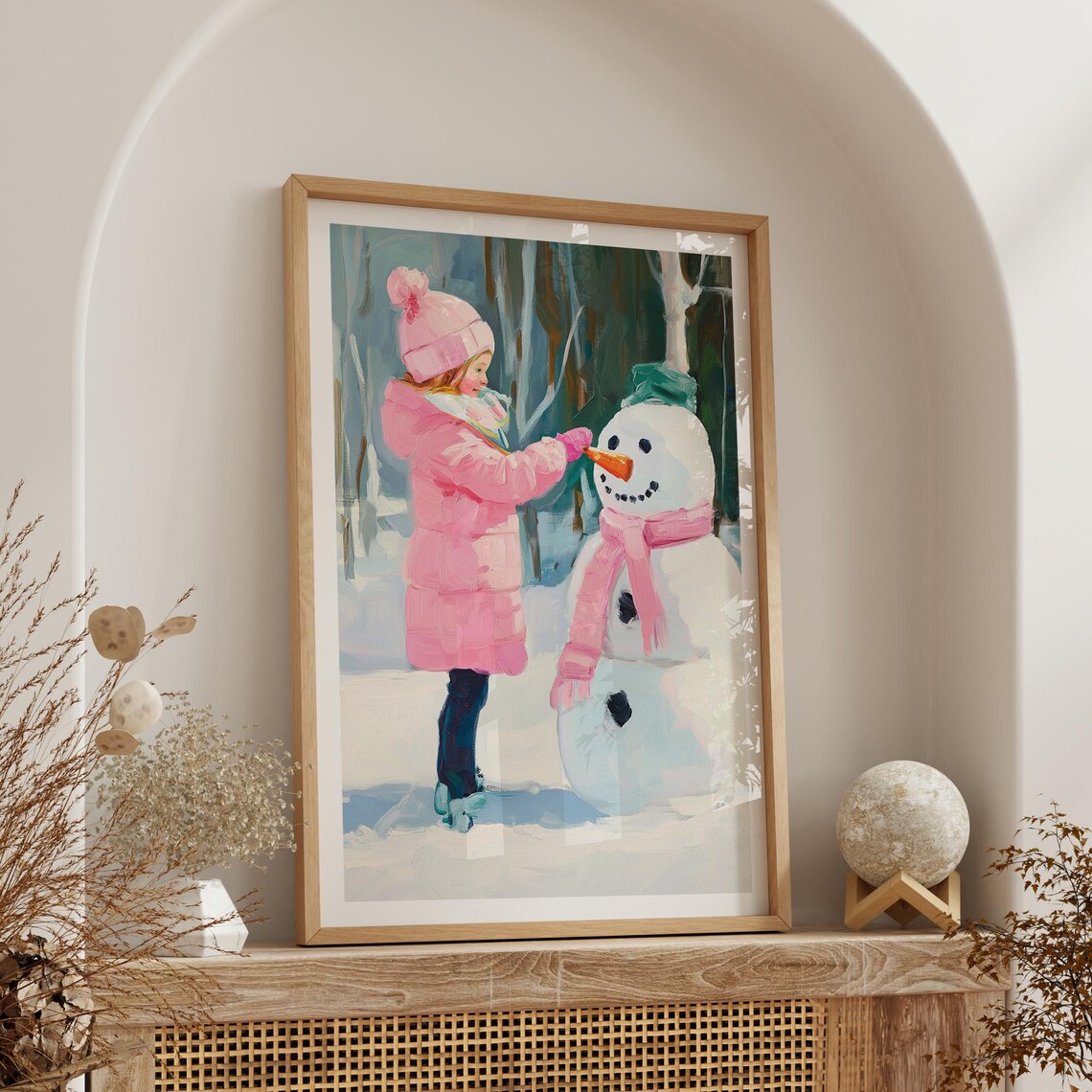 Girl Building Snowman In Pink Coat Winter Scene Kids Room Decor Poster - Image 3