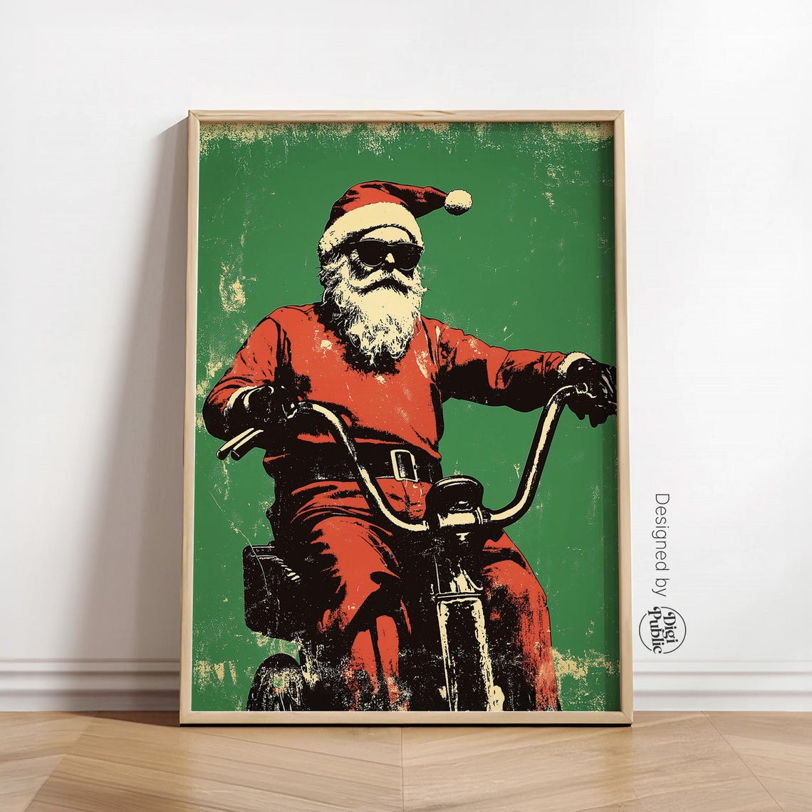 Cool Santa Claus Riding Motorcycle Sunglasses Retro Green Xmas Poster