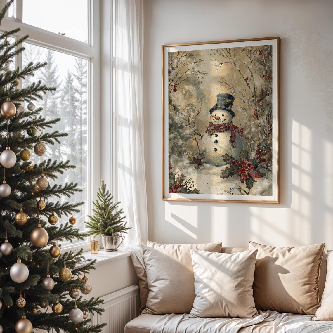 Vintage Snowman Black Top Hat Snowy Woodland Berry Winter Wall Art - Image 5