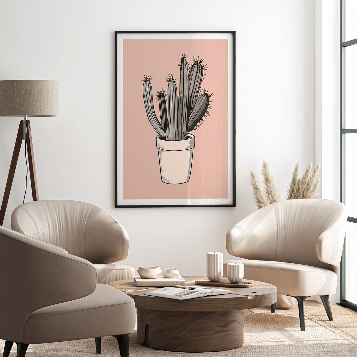 Monochrome Potted Cactus On Soft Blush Pink Background Poster - Image 2