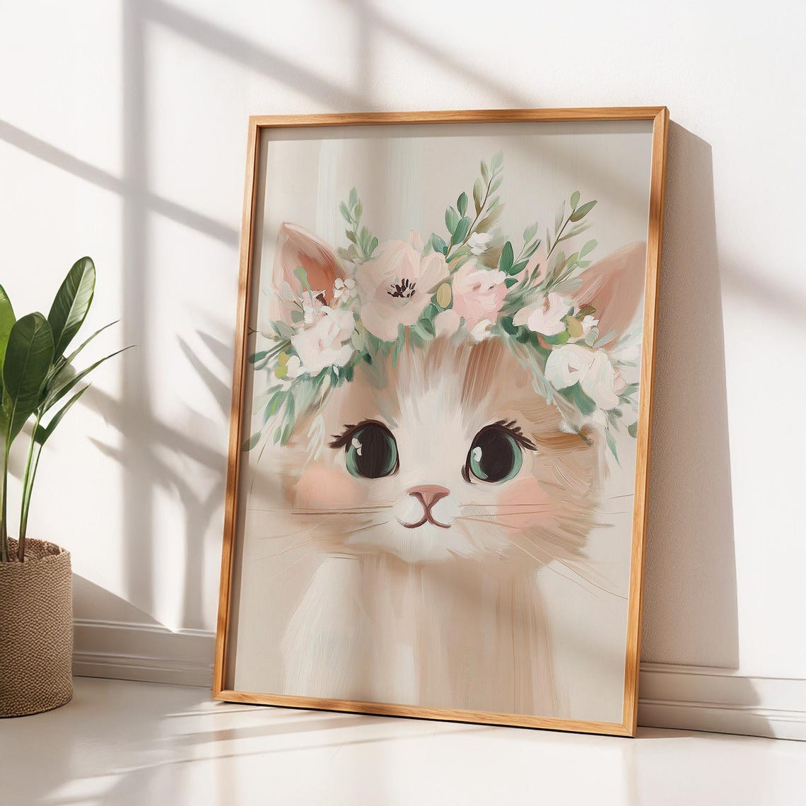 Cute Kitten Flower Crown Watercolor Poster Whimsical Nursery Decor - Image 2