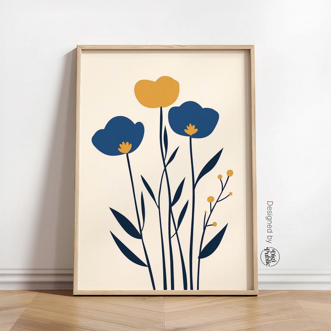 Blue and Yellow Minimalist Flowers Poster Modern Abstract Art