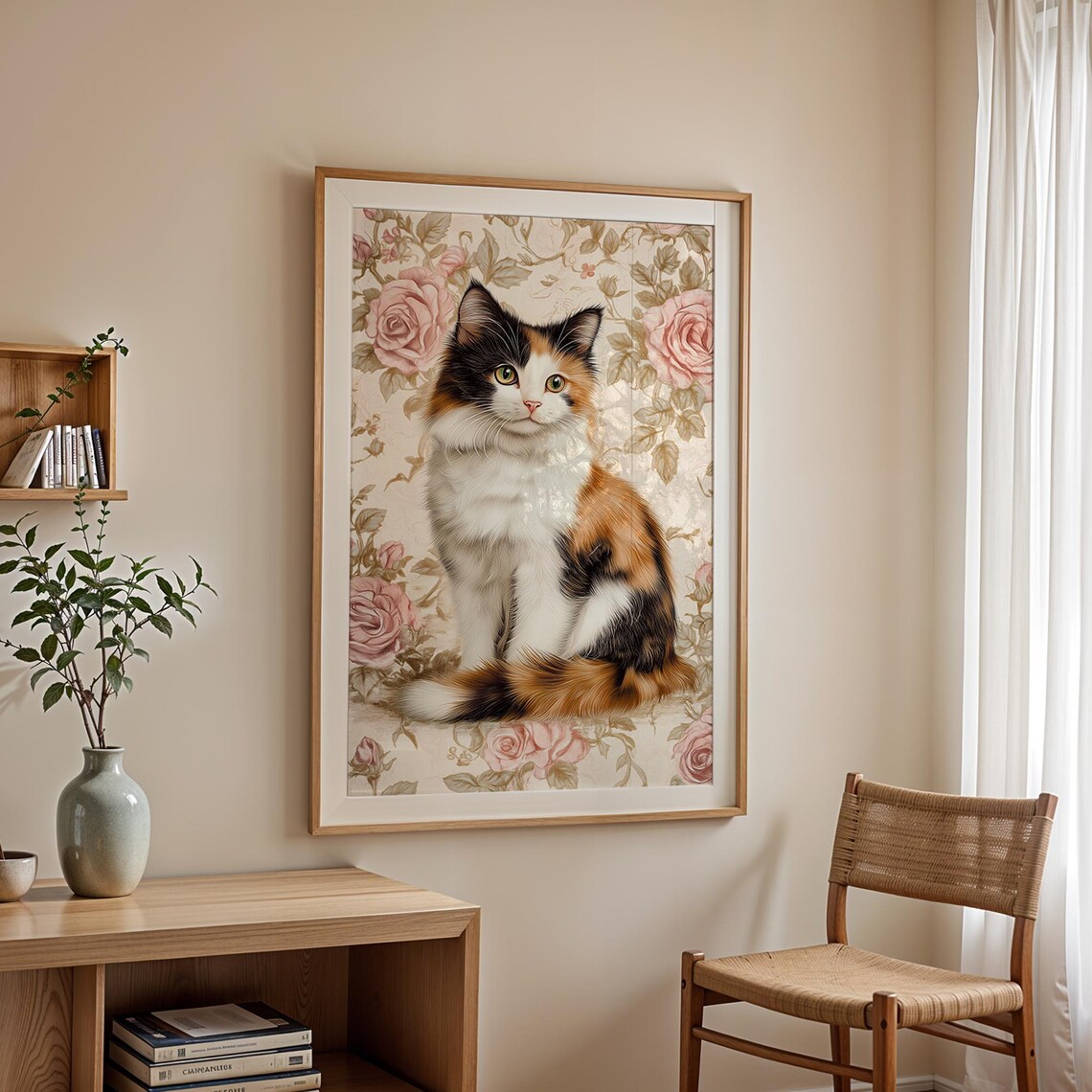 Calico Cat Front Sitting Roses Floral Vintage Portrait Nursery Wall Art - Image 2
