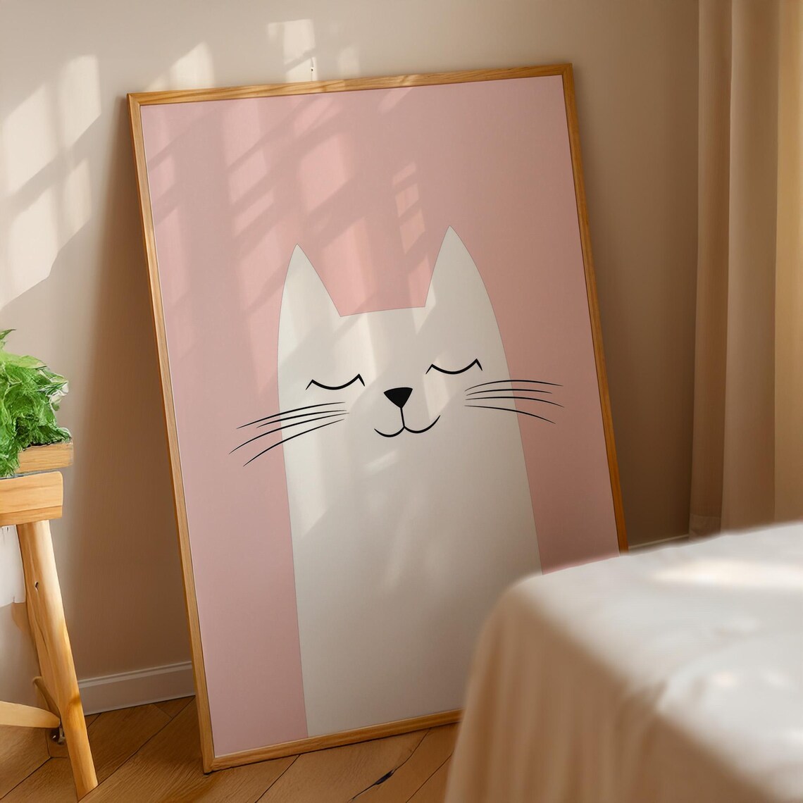 Minimalist White Cat Face On Blush Pink Kids Art Toddler Room Decor Poster - Image 3