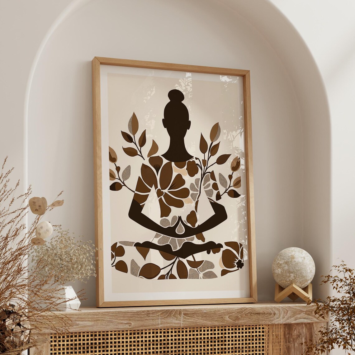 Monochrome Floral Meditating Woman Serene Fine Zen Yoga Wall Art - Image 4