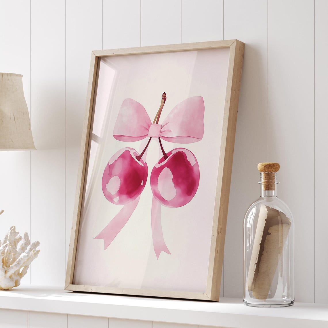 Pink Cherries with Bow Watercolor Poster Cute Fruit Wall Decor - Image 5
