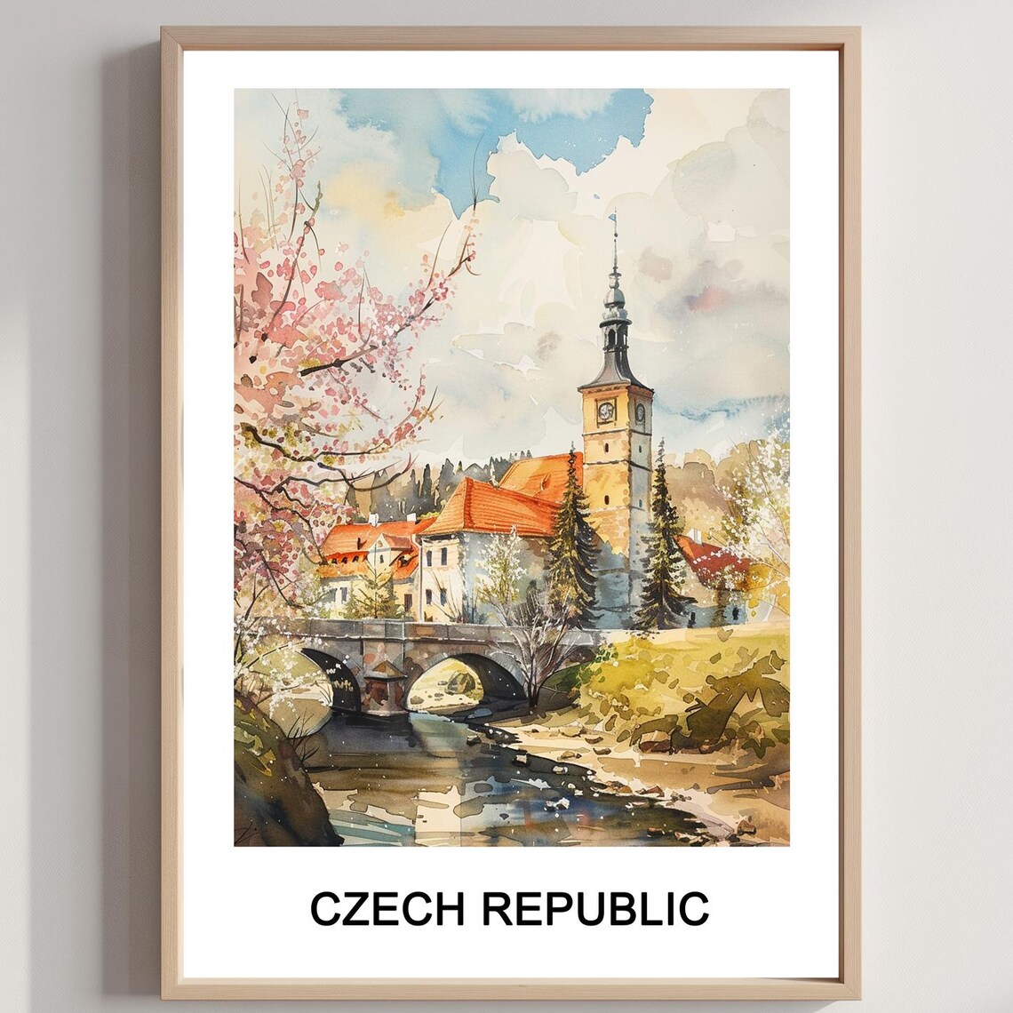 Czech Republic Riverside Village Watercolor Travel Scene Poster