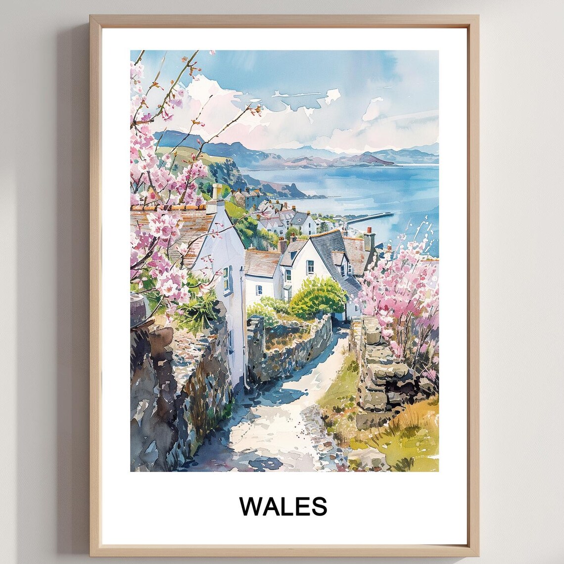 Wales Coastal Village Spring Blossoms Watercolor Travel Art Poster